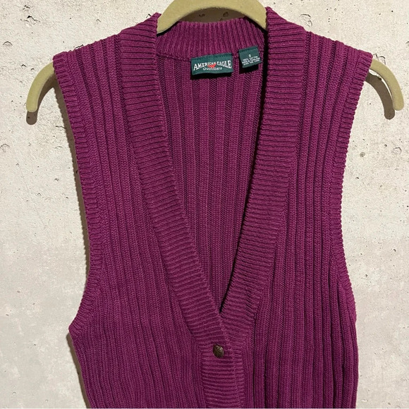Y2K Vtg American Eagle Magenta Knit Sweater Vest S Chunky Cabincore Preppy Fall - Picture 2 of 7